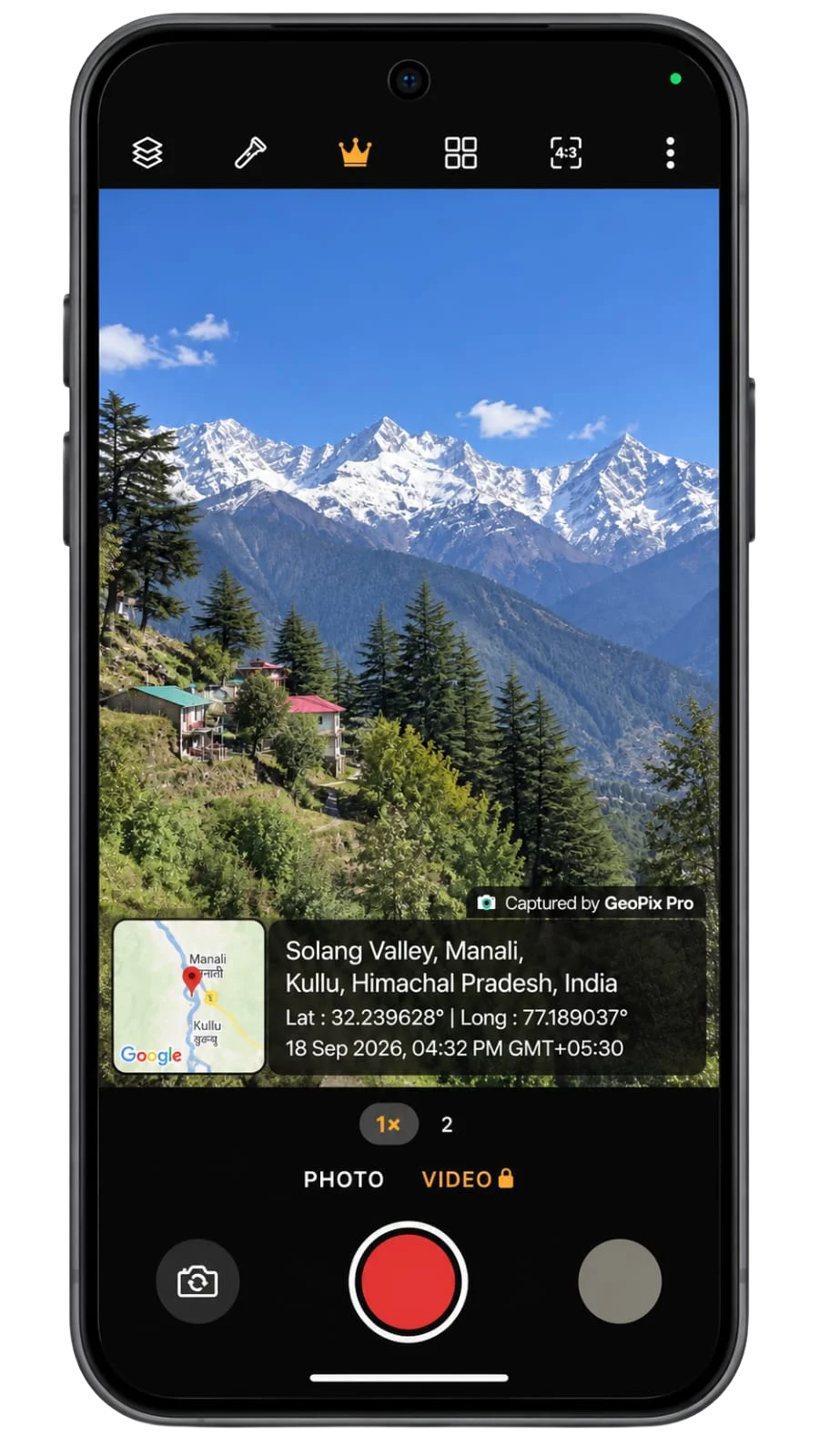 GeoPix Pro camera screen with the live GPS location stamp and Photo and Video modes
